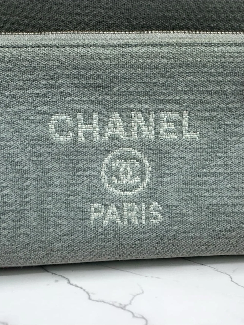 CHANEL Light Blue Canvas Tote with Chain-Strap Details